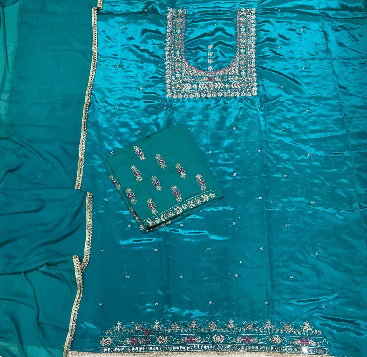 Classy Wow Glass Organza Suit Set with Heavy Pearl & Real Mirror Work - Yanchi