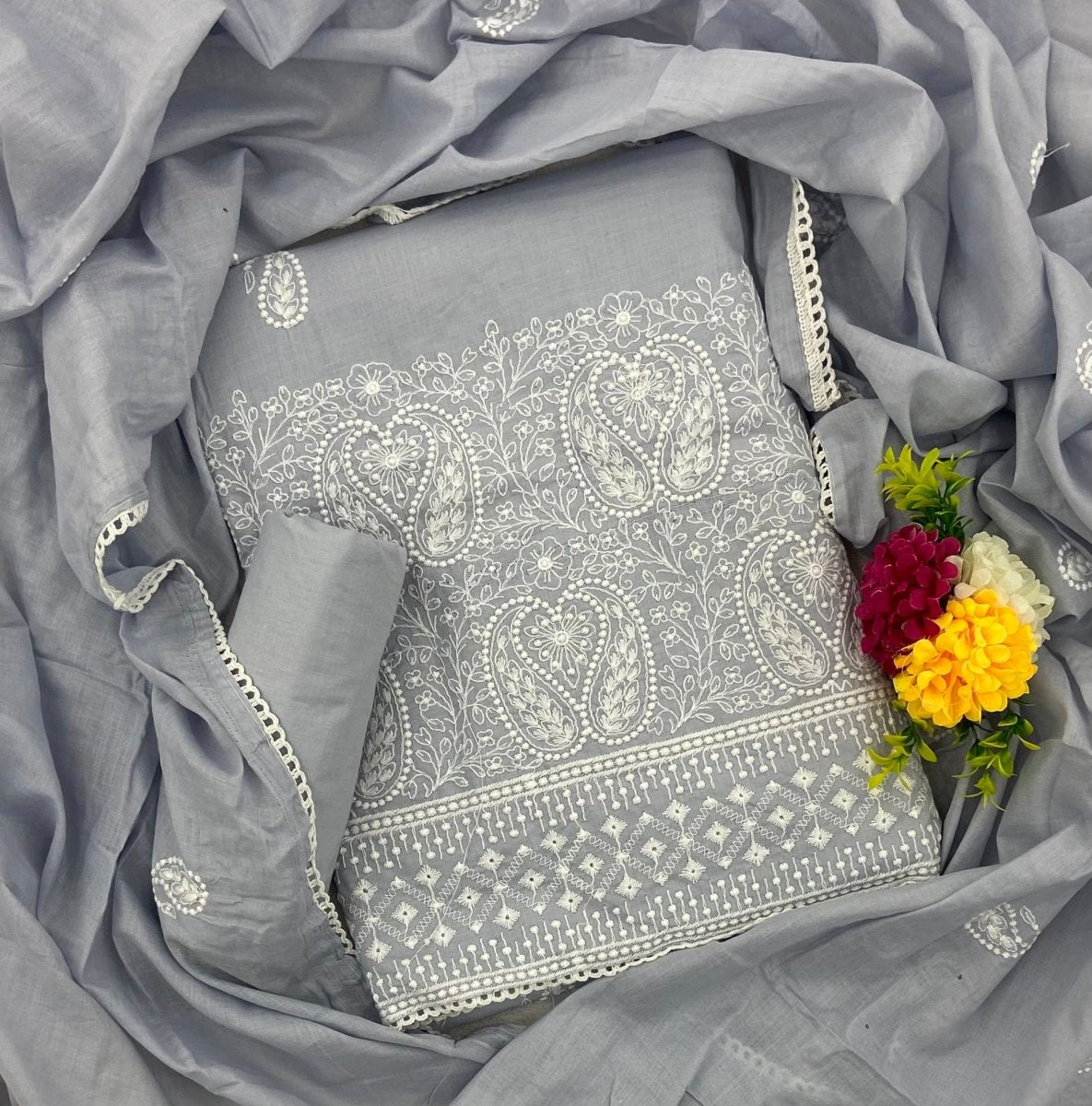 Cotton Chikankari Suit Set D1 (Pastel Grey) - Yanchi