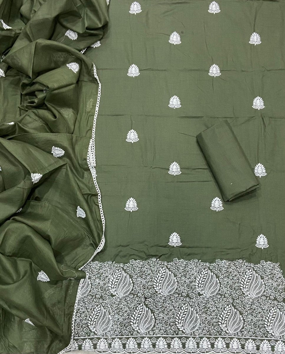 Cotton Chikankari Suit Set D2 (Olive) - Yanchi