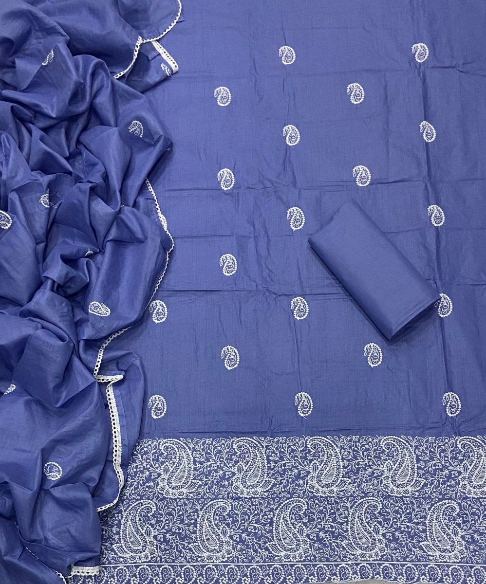 Cotton Chikankari Suit Set D4 (Navy - Blue) - Yanchi
