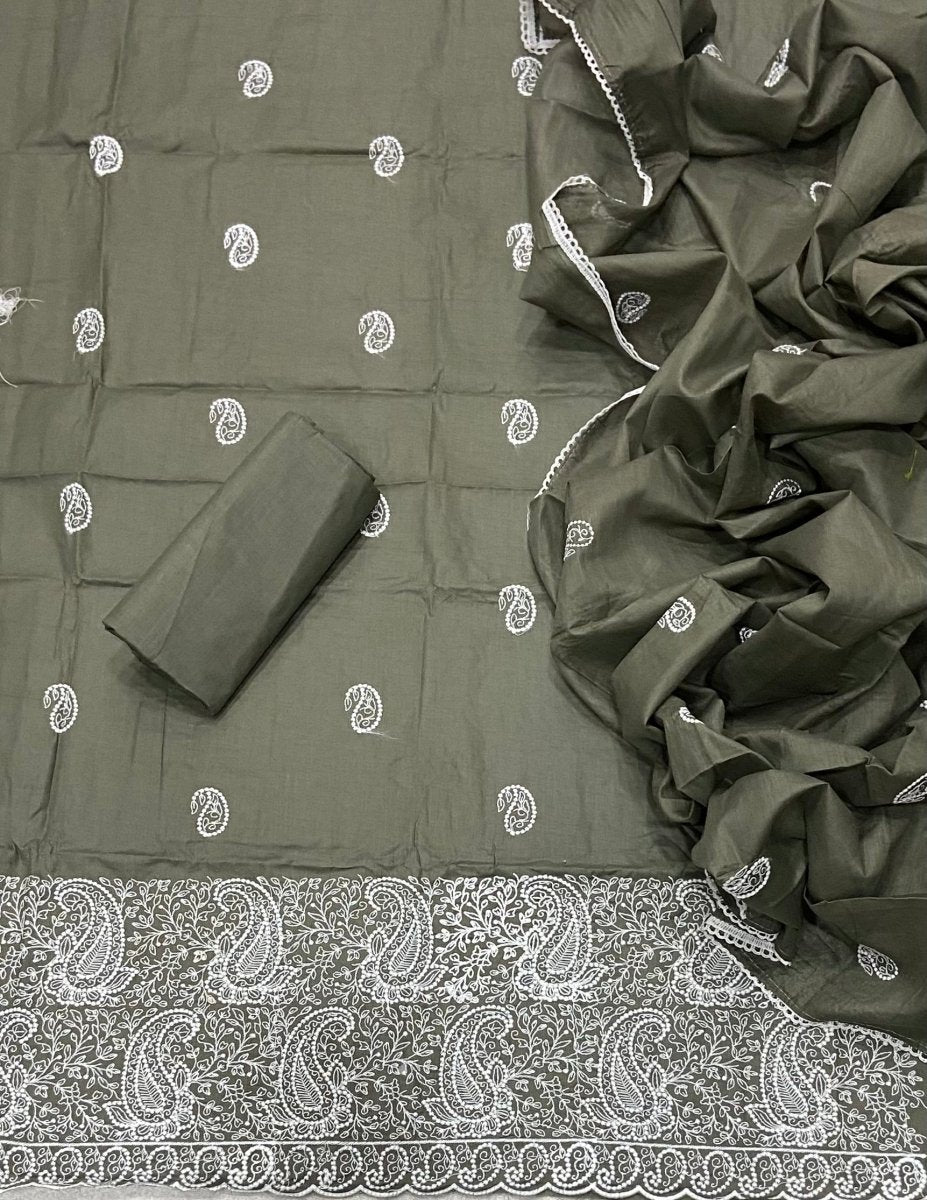 Cotton Chikankari Suit Set D4 (Olive) - Yanchi