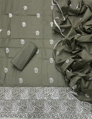 Cotton Chikankari Suit Set D4 (Olive) - Yanchi