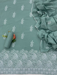 Cotton Chikankari Suit Set D6 (Metal Blue) - Yanchi