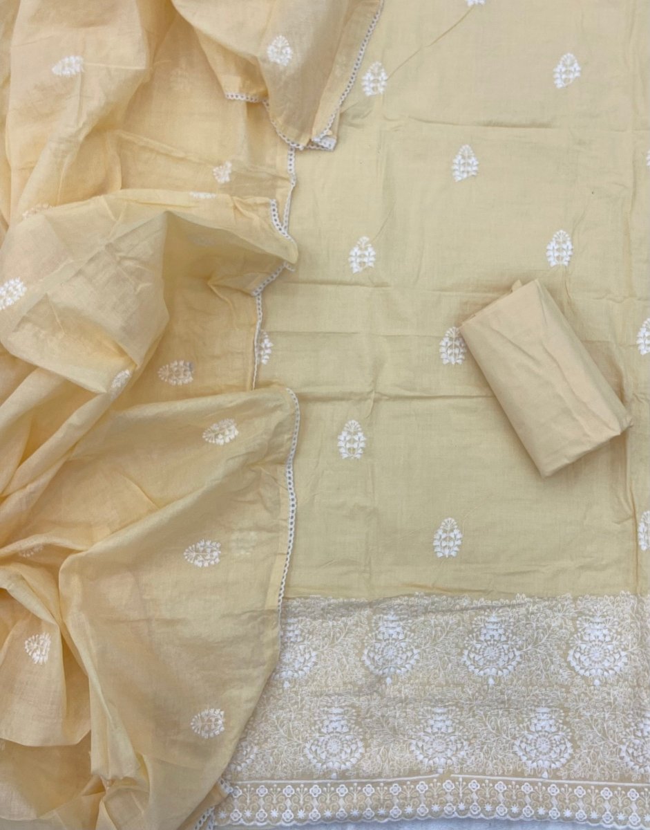 Cotton Chikankari Suit Set D7 (Soft - Yellow) - Yanchi