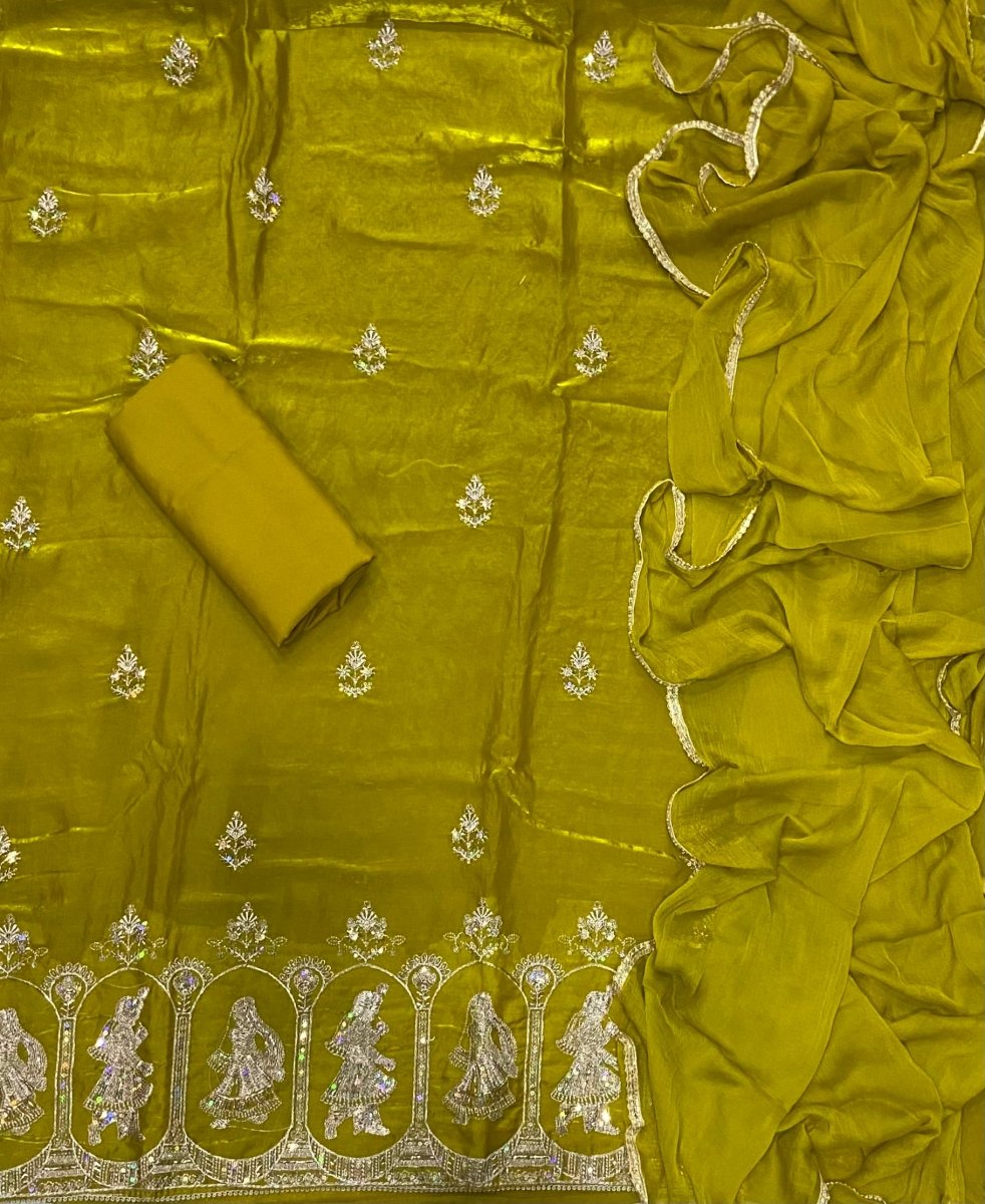 Crush Silk Suit Set with Swarowski & Cutdana Work - Yanchi