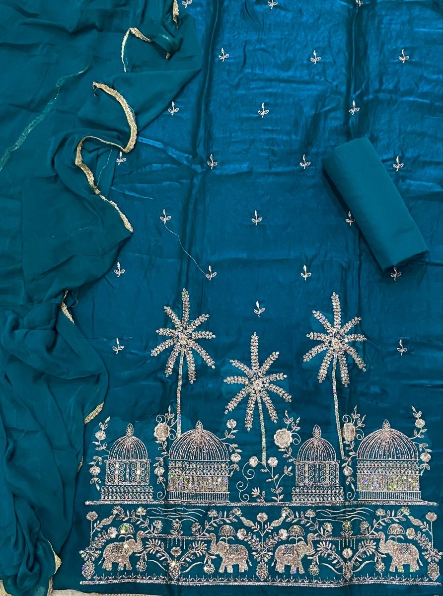 Crush Silk Suit Set with Zari, Cutdana & Sequins Work - Yanchi