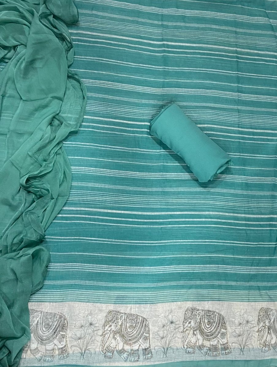 Dhamaka Offer Elegant Linen Cotton Suit Set with Swarovski Work - Yanchi