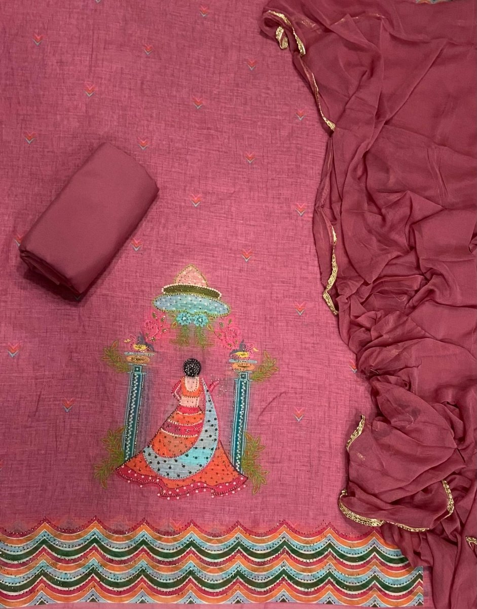 Dhamaka Offer Elegant Linen Cotton Suit Set with Swarovski Work - Yanchi