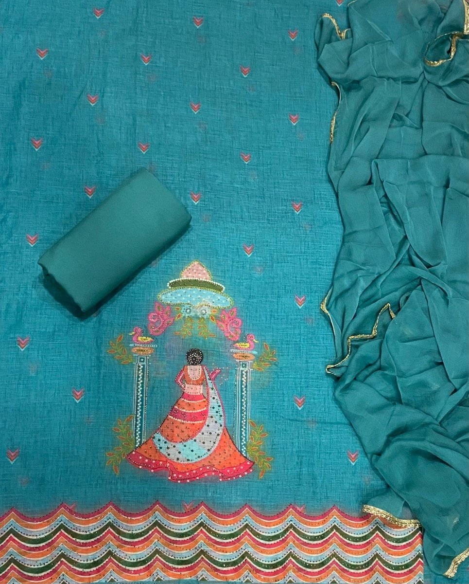 Dhamaka Offer Elegant Linen Cotton Suit Set with Swarovski Work - Yanchi