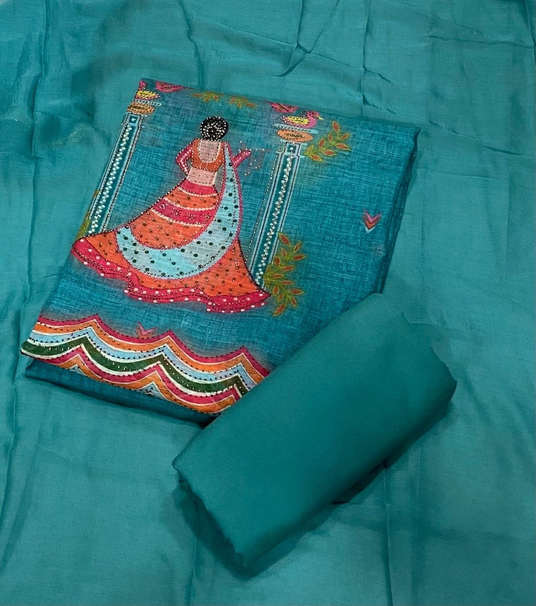 Dhamaka Offer Elegant Linen Cotton Suit Set with Swarovski Work - Yanchi