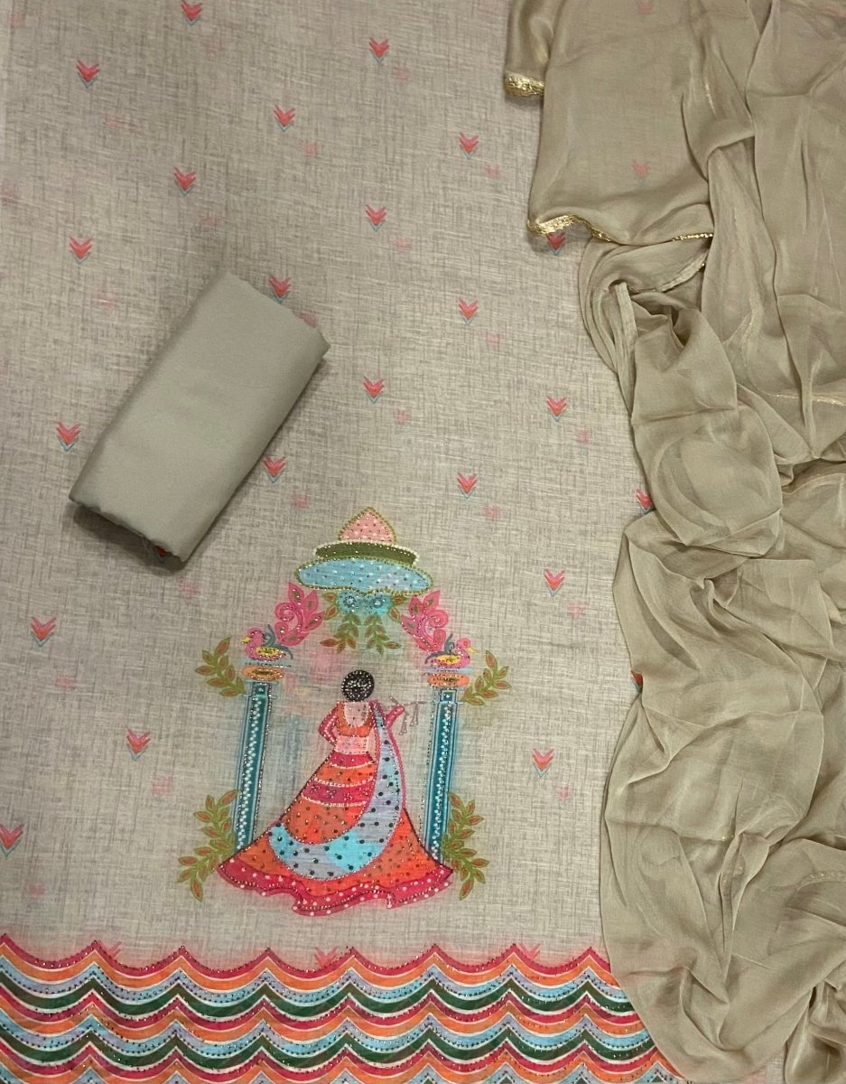 Dhamaka Offer Elegant Linen Cotton Suit Set with Swarovski Work - Yanchi