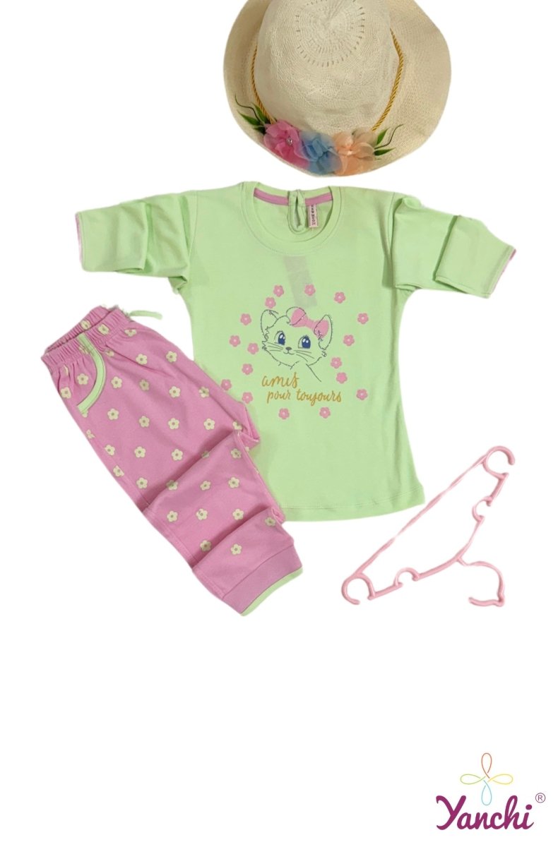 Dream Threads Kitty Tshirt & Bottom Set (Green) - Yanchi