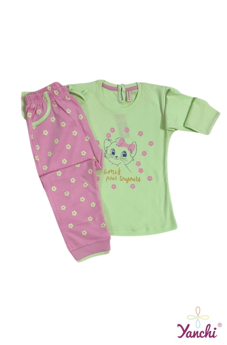 Dream Threads Kitty Tshirt & Bottom Set (Green) - Yanchi