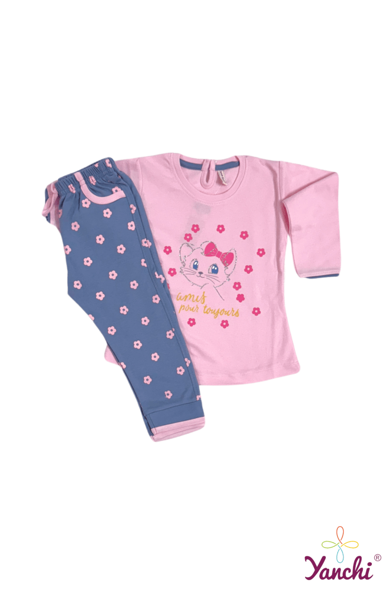 Dream Threads Kitty Tshirt & Bottom Set (Pink) - Yanchi