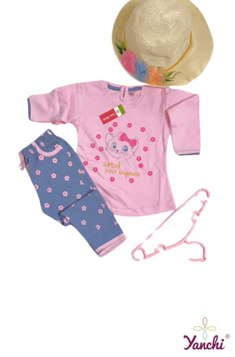 Dream Threads Kitty Tshirt & Bottom Set (Pink) - Yanchi