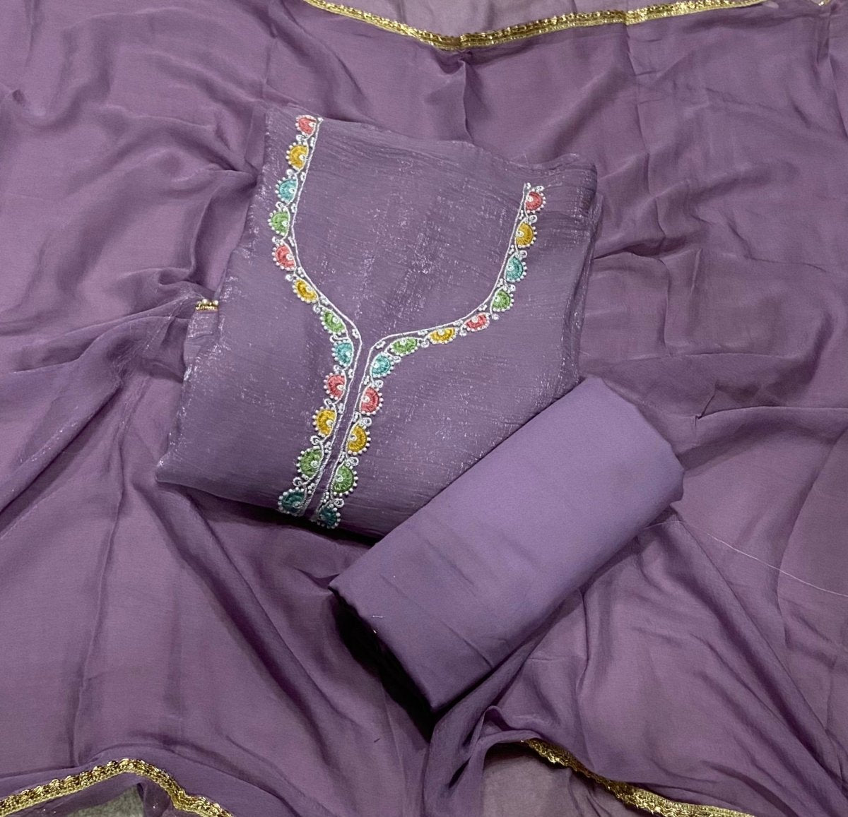 Fancy Crunchy Suit Set with Elegant Beads & Thread Work - Yanchi