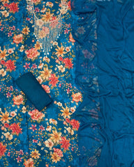 Fancy Floral Muslin Suit Set with Pearl & Cutdana Work - Yanchi