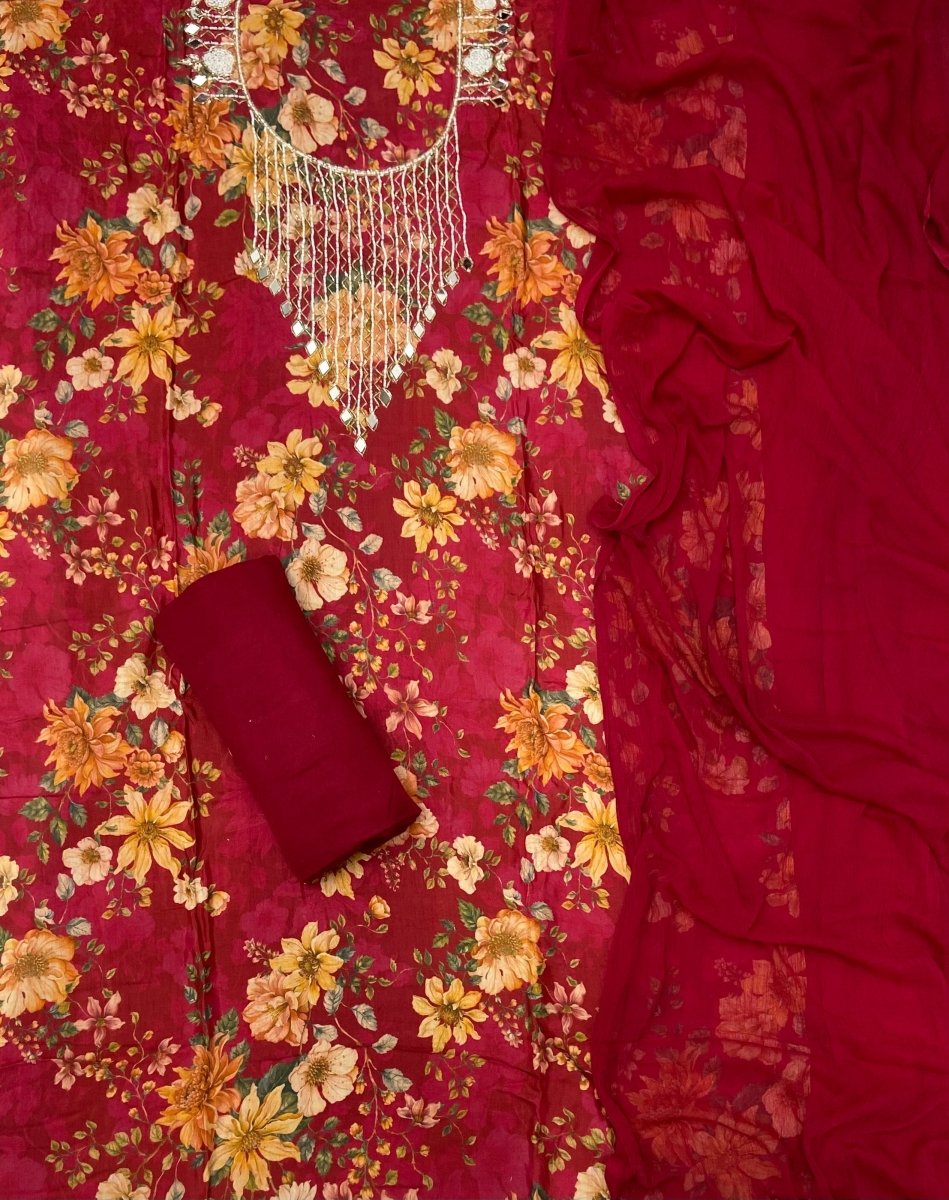 Fancy Floral Muslin Suit Set with Pearl & Cutdana Work - Yanchi