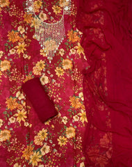 Fancy Floral Muslin Suit Set with Pearl & Cutdana Work - Yanchi