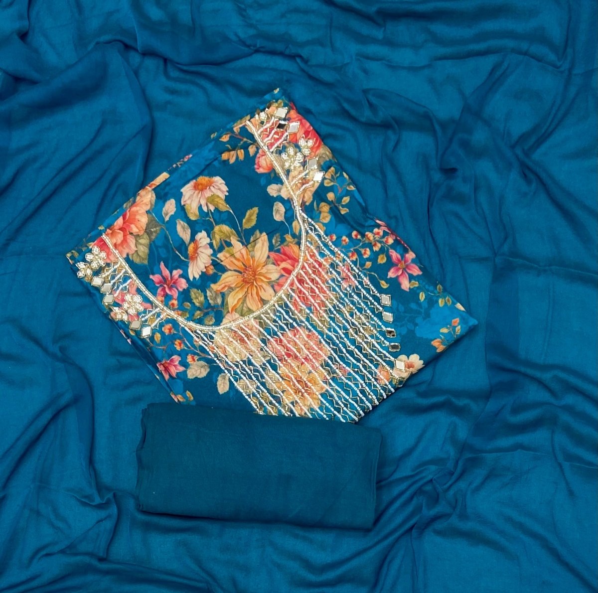 Fancy Floral Muslin Suit Set with Pearl & Cutdana Work - Yanchi