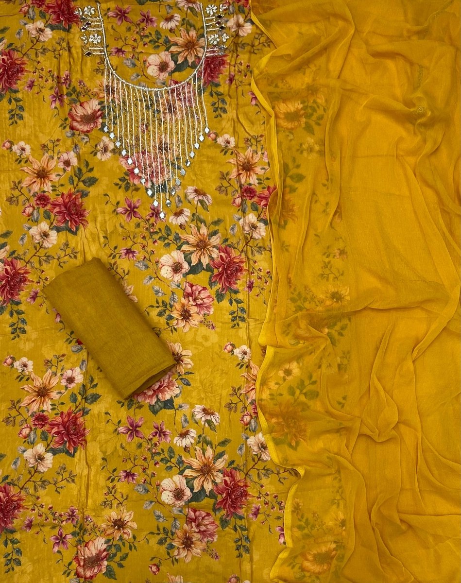 Fancy Floral Muslin Suit Set with Pearl & Cutdana Work - Yanchi