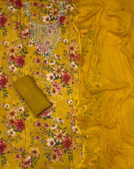 Fancy Floral Muslin Suit Set with Pearl & Cutdana Work - Yanchi
