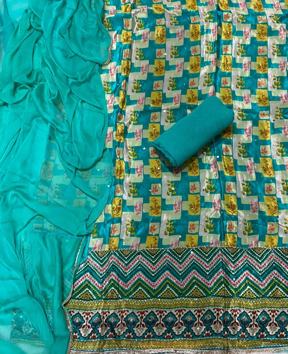 Fancy Glass Organza Suit Set with Cutdana & Stone Mirror Work - Yanchi