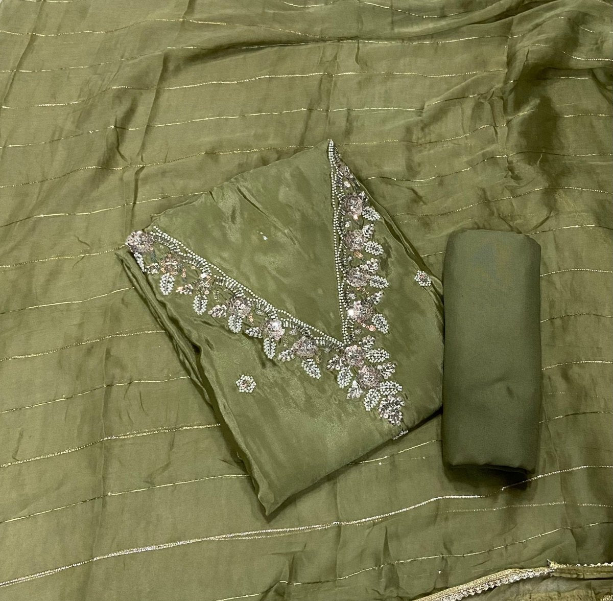 Fancy Glass Organza Suit Set with Heavy Beads & Sequins Work - Yanchi