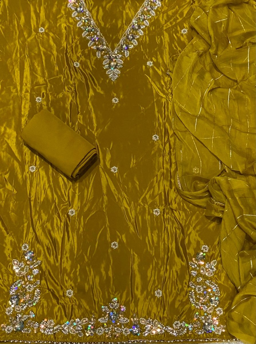 Fancy Glass Organza Suit Set with Heavy Pearl & Cutdana Work - Yanchi