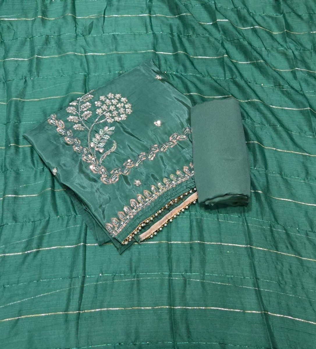 Fancy Glass Organza Suit Set with Heavy Pearl & Cutdana Work - Yanchi