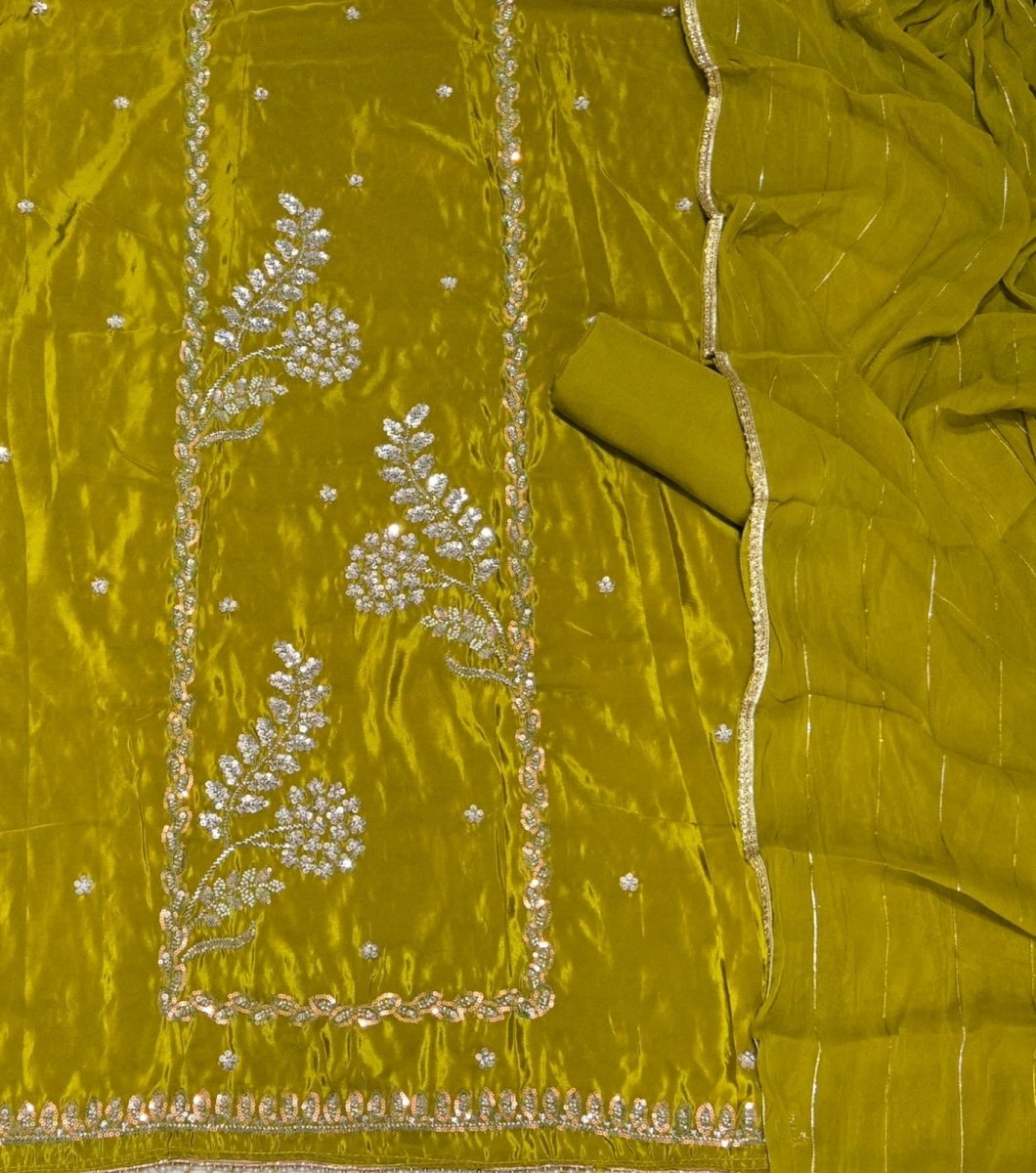 Fancy Glass Organza Suit Set with Heavy Pearl & Cutdana Work - Yanchi