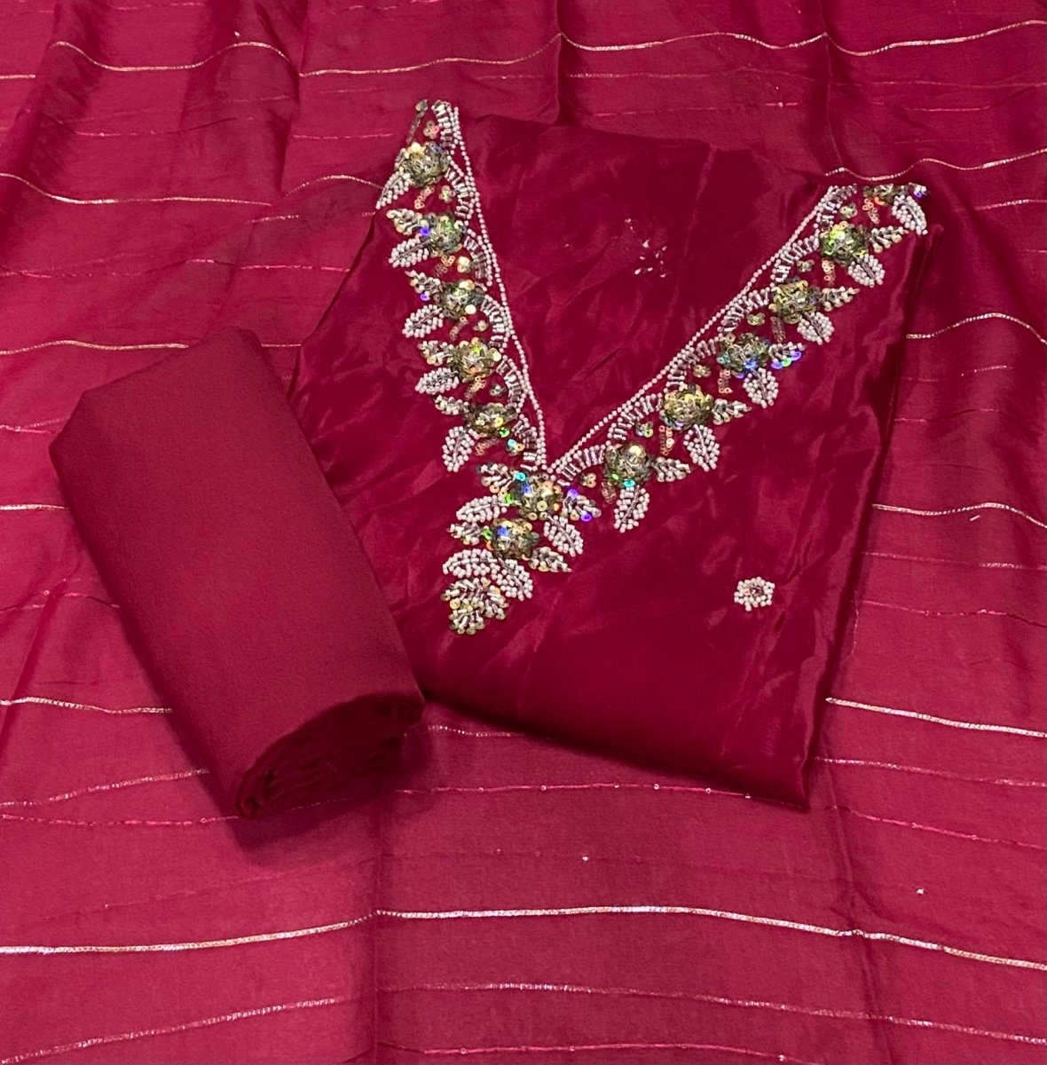 Fancy Glass Organza Suit Set with Heavy Pearl & Cutdana Work - Yanchi