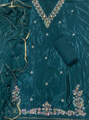 Fancy Glass Organza Suit Set with Heavy Pearl & Cutdana Work - Yanchi