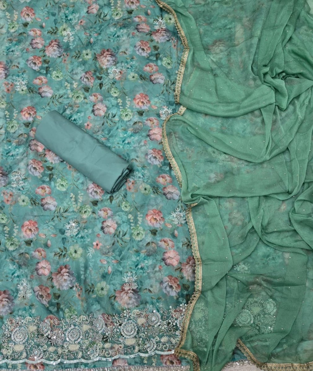 Fancy Glass Organza Suit Set with Heavy Pearl & Cutdana Work - Yanchi