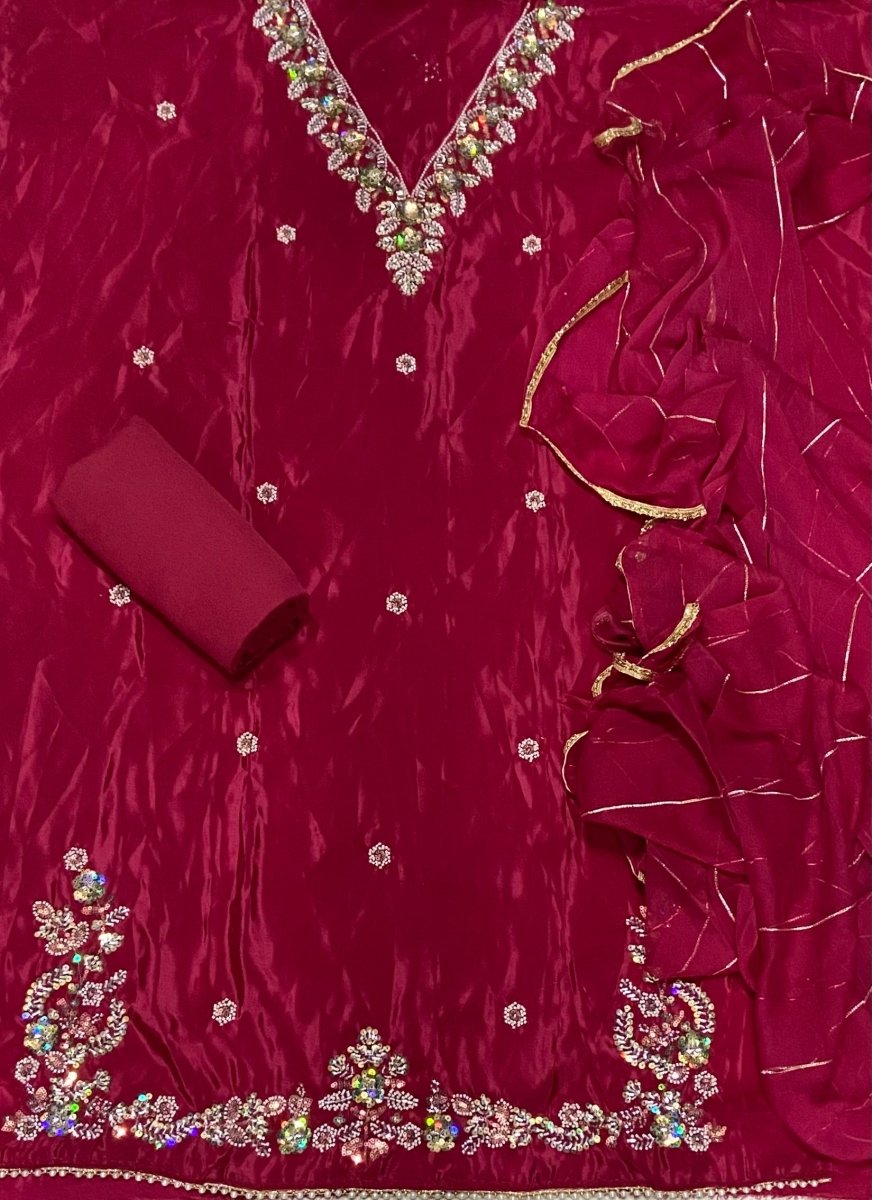 Fancy Glass Organza Suit Set with Heavy Pearl & Cutdana Work - Yanchi