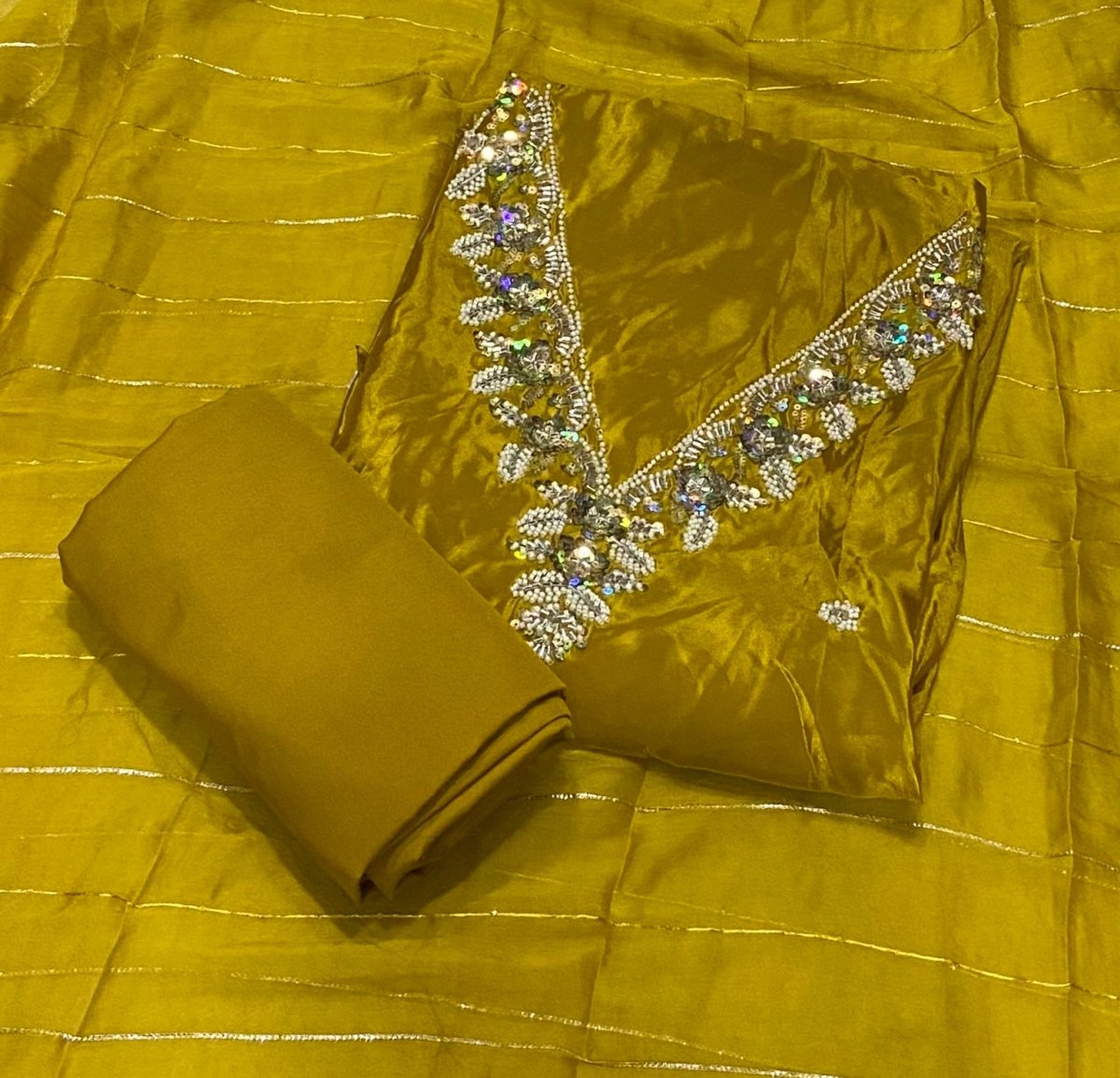 Fancy Glass Organza Suit Set with Heavy Pearl & Cutdana Work - Yanchi