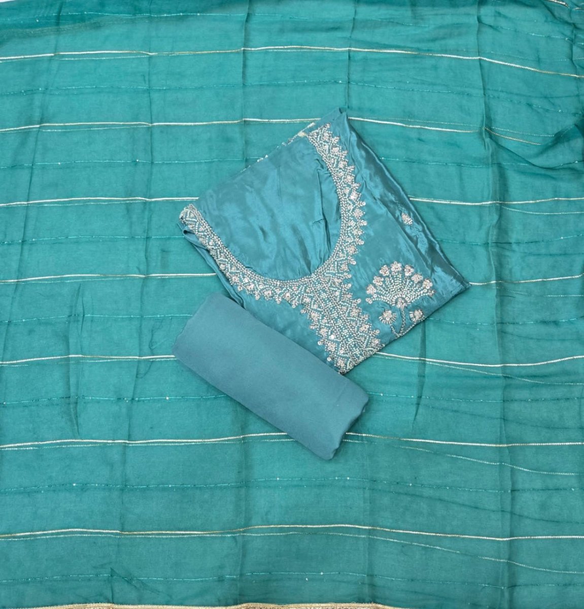 Fancy Glass Organza Suit Set with Heavy Pearl & Cutdana Work - Yanchi