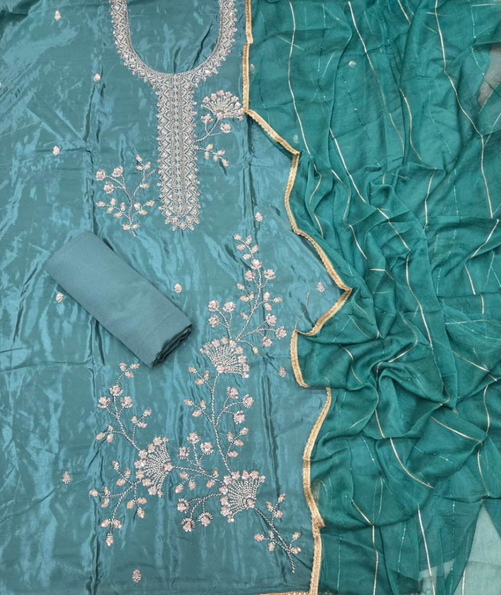 Fancy Glass Organza Suit Set with Heavy Pearl & Cutdana Work - Yanchi
