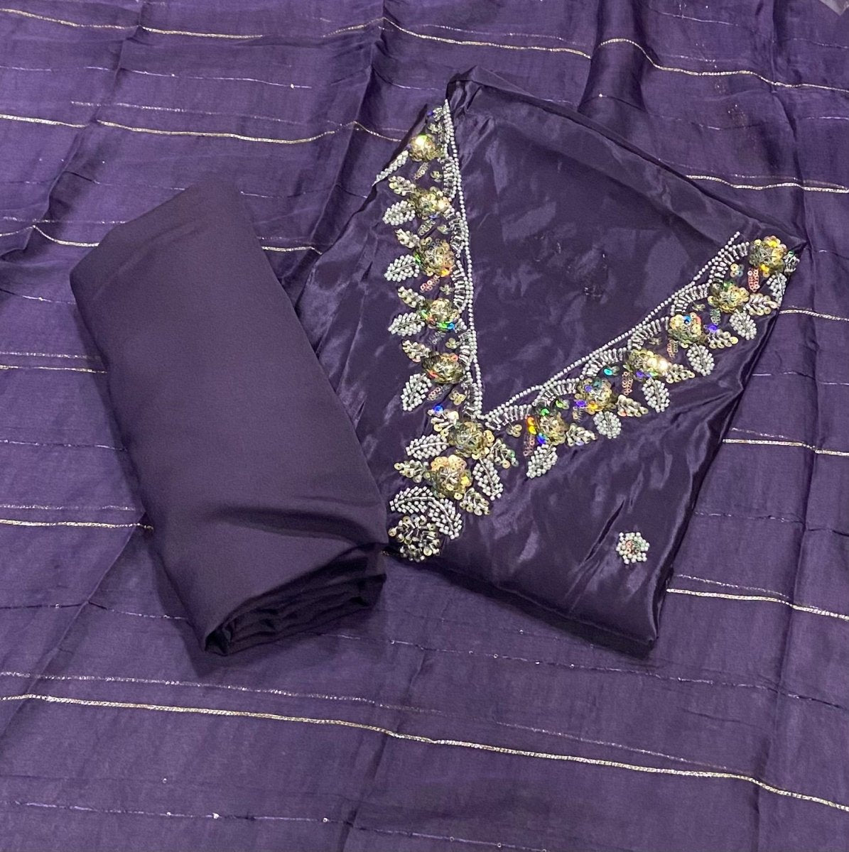 Fancy Glass Organza Suit Set with Heavy Pearl & Cutdana Work - Yanchi