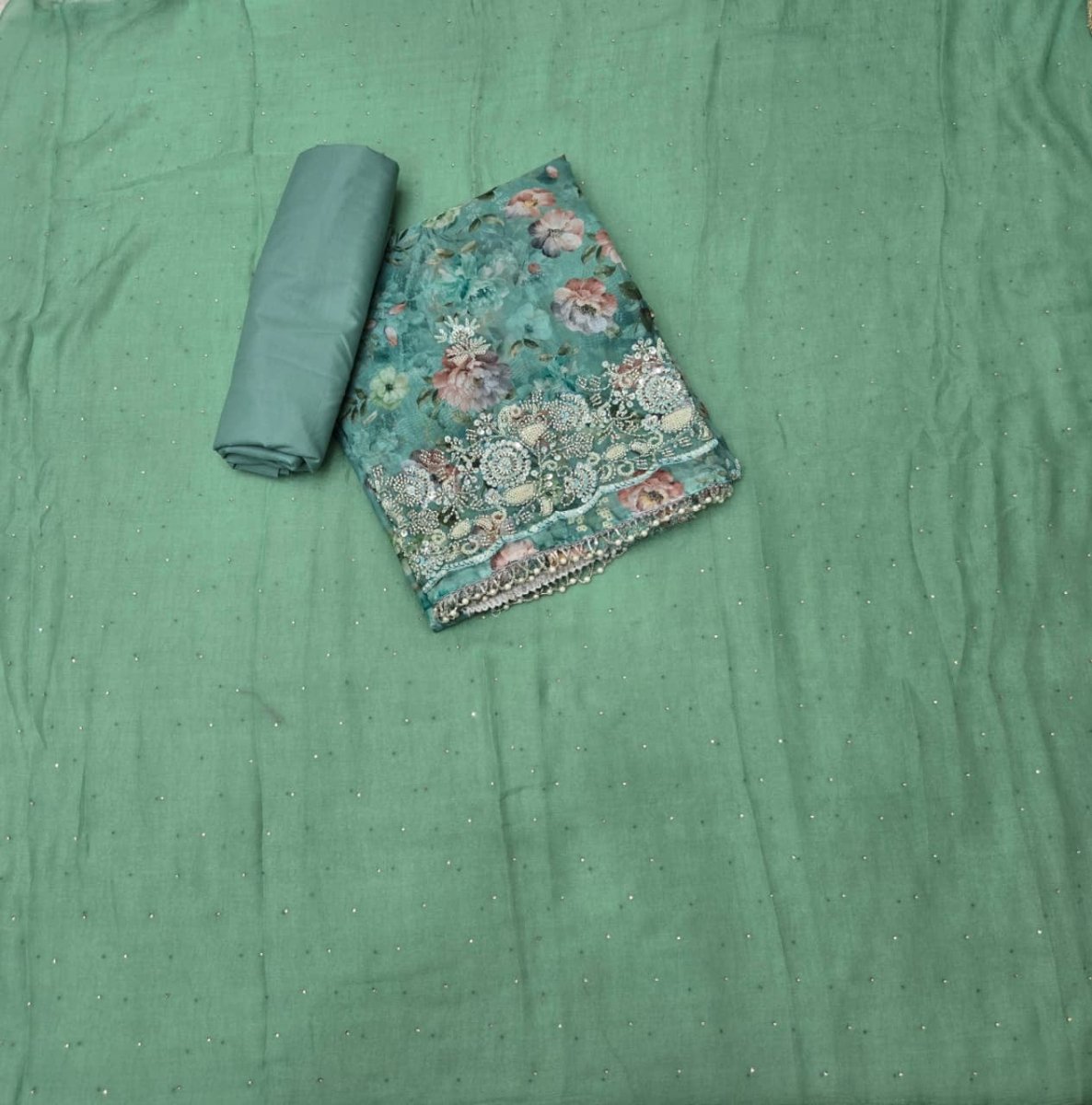 Fancy Glass Organza Suit Set with Heavy Pearl & Cutdana Work - Yanchi