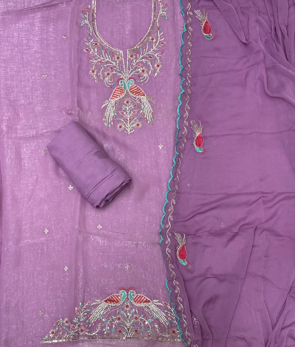 Fancy Glass Organza Suit Set with Heavy Pearl & Stone Work - Yanchi
