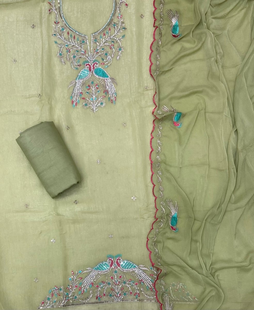 Fancy Glass Organza Suit Set with Heavy Pearl & Stone Work - Yanchi