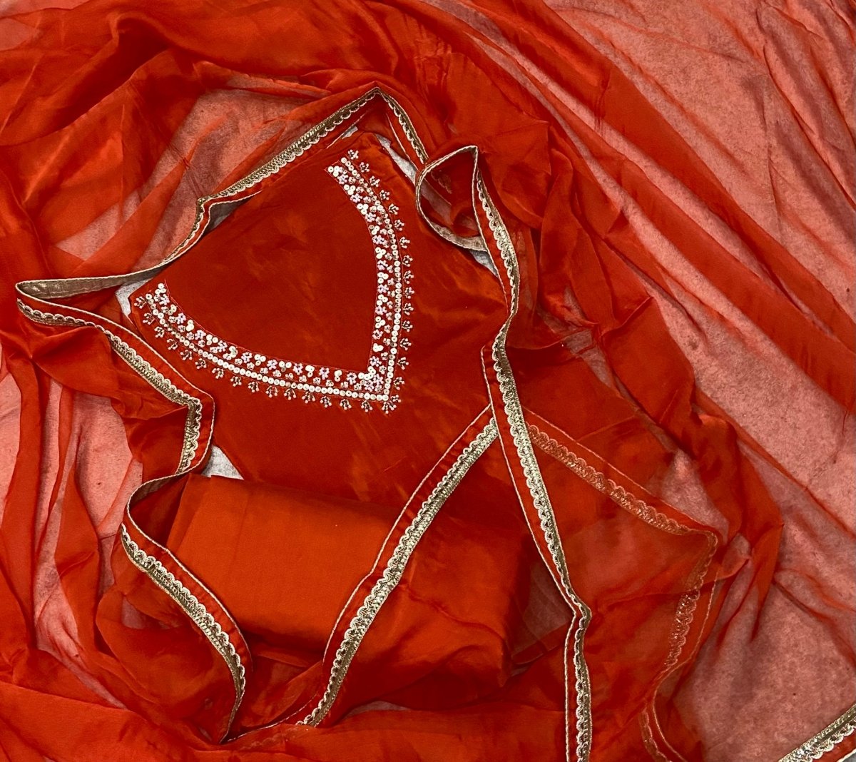 Fancy Glass Organza Suit Set with Heavy Sequins & Beads Work - Yanchi