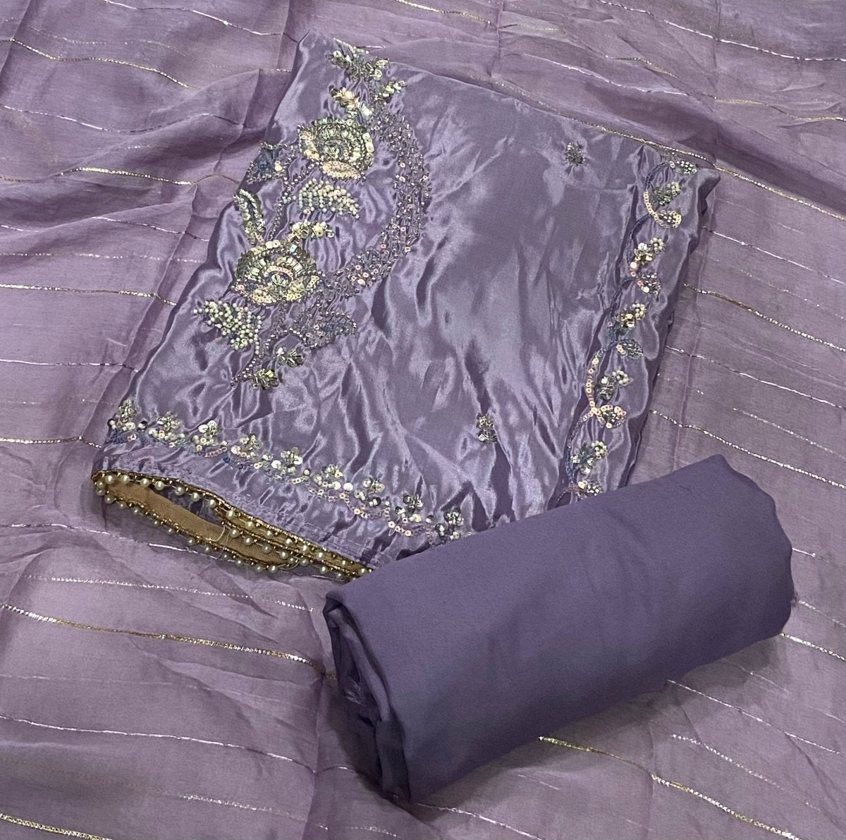 Fancy Glass Organza Suit Set with Heavy Sequins & Beads Work - Yanchi