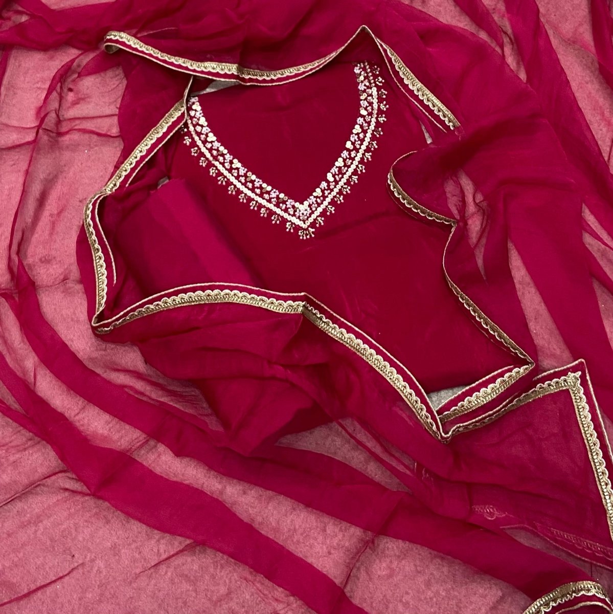 Fancy Glass Organza Suit Set with Heavy Sequins & Beads Work - Yanchi