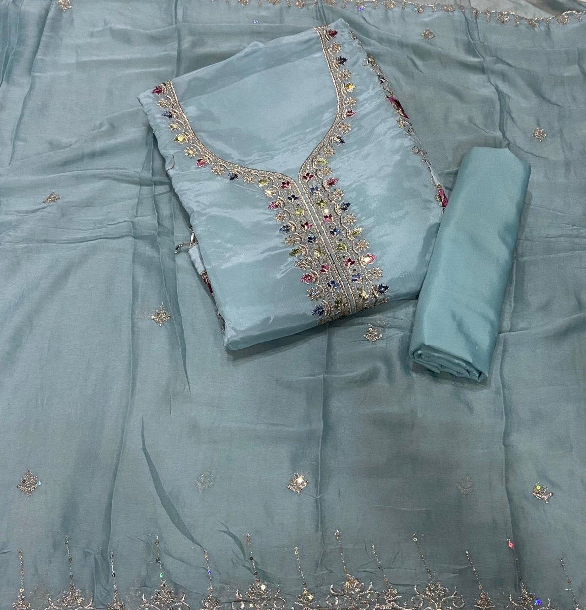 Fancy Glass Organza Suit Set with Heavy Zari Thread & Stone Work - Yanchi