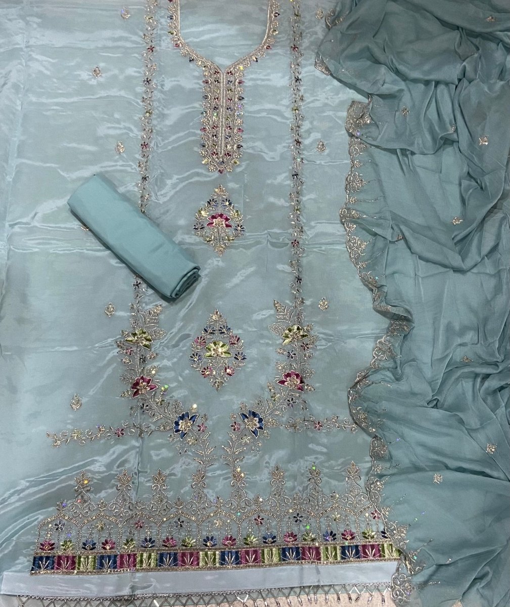 Fancy Glass Organza Suit Set with Heavy Zari Thread & Stone Work - Yanchi