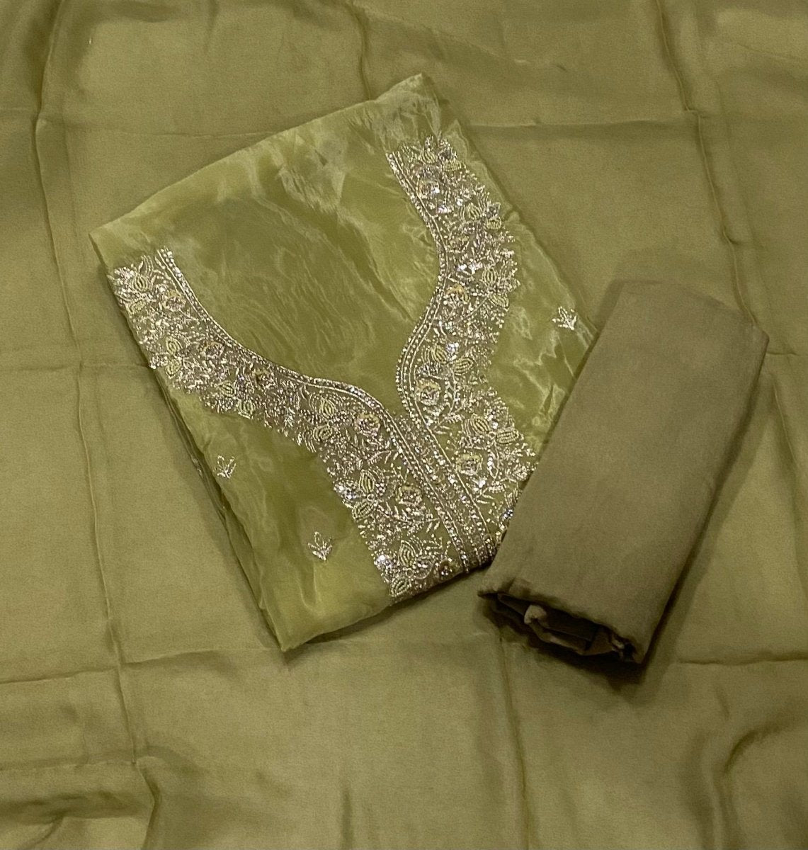 Fancy Glass Organza Suit Set with Heavy Zari Thread & Stone Work - Yanchi