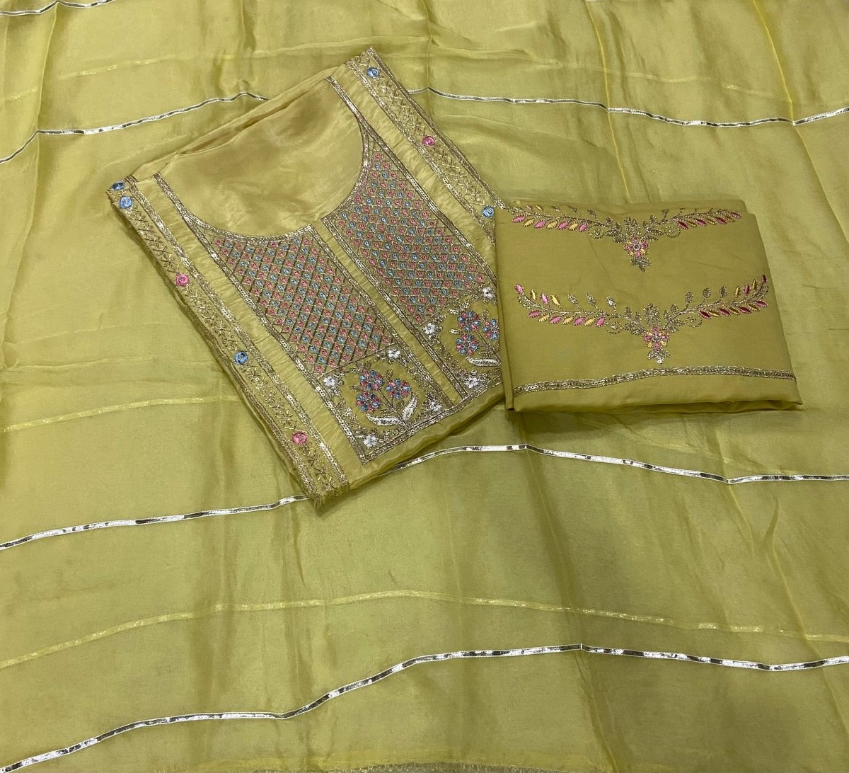 Fancy Glass Organza Suit Set with Zari Thread & Sequins Work (Bottom work) - Yanchi