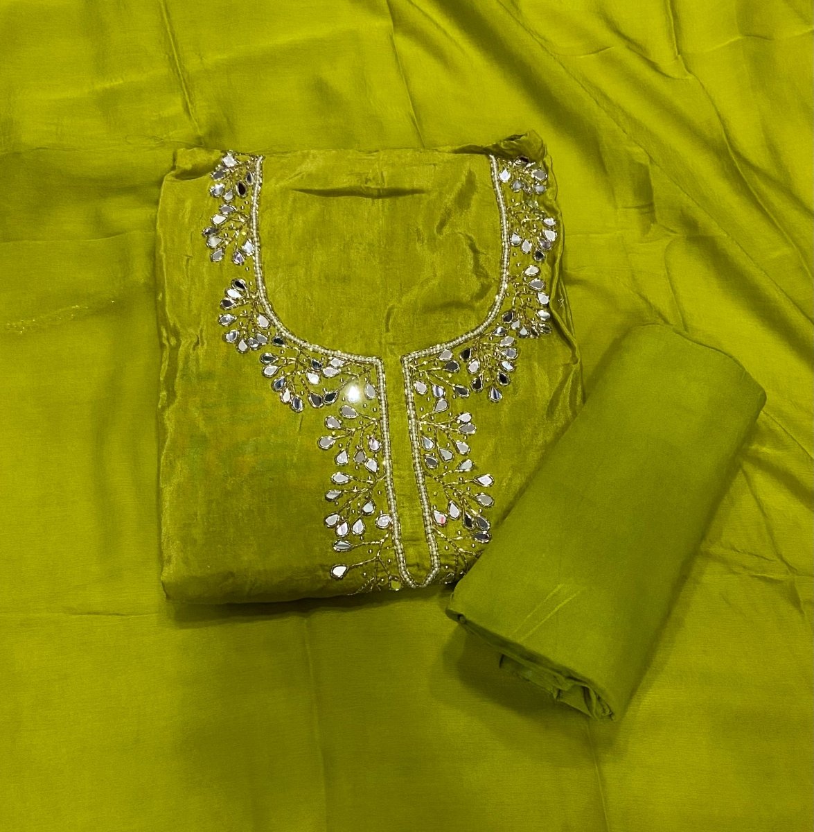 Fancy Musleen Suit Set with Heavy Pearl & Real Mirror Work - Yanchi